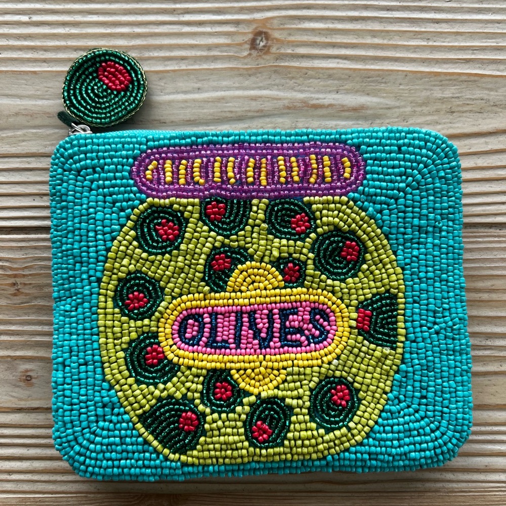 Beaded Olive Coin Pouch Turquoise Hand Beaded Zip Purse